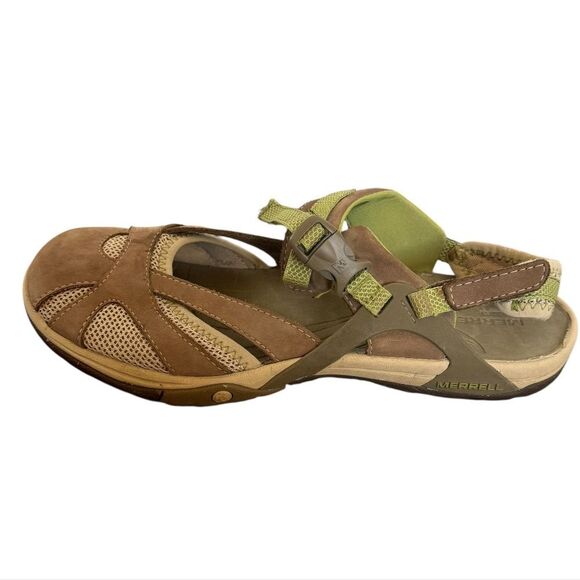 Merrell Leather Mary Jane Shoes J24504 Otter Mules Sandals Size 10 Green Beige - Picture 1 of 9